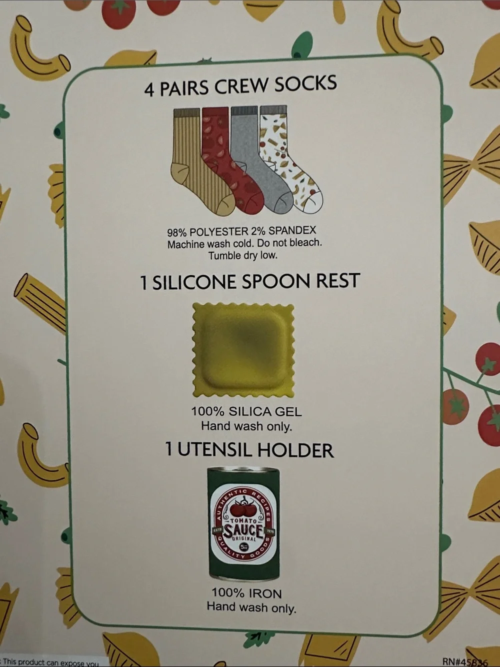 Pasta Sock Set — Yellow & Red Crew Socks with Novelty Utensil Accessories